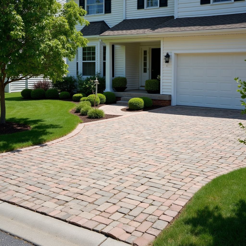 Brick driveway curves up to a white house with a garage, porch, and landscaping.