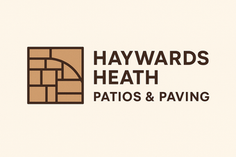 Logo for Haywards Heath Patios & Paving with brick-like tile graphic and text on light tan background.