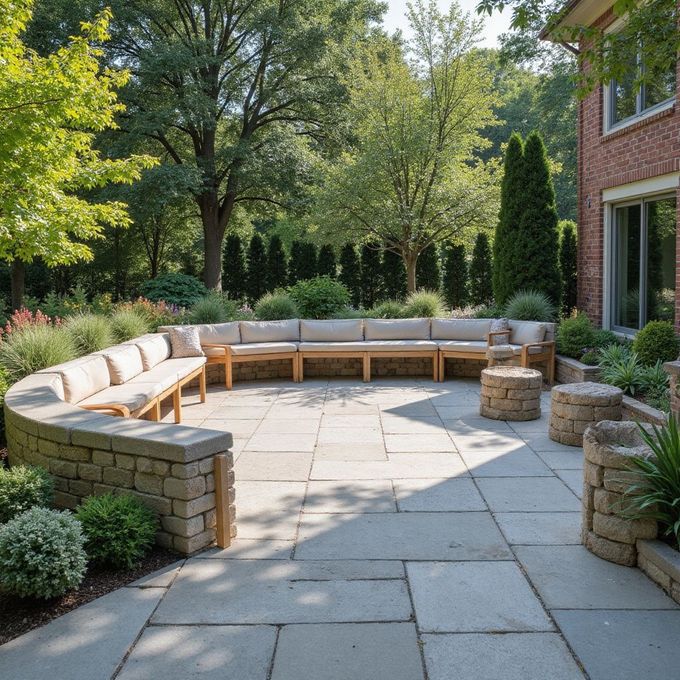 Patio with curved stone seating, beige cushions, and stone pavers, beside a brick house.