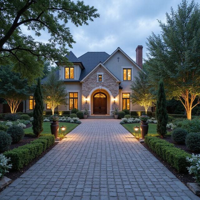 A stately home with a stone facade and brick pathway, illuminated at dusk.