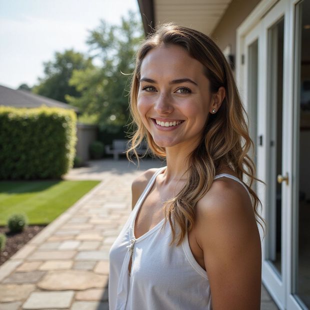 Woman smiling outdoors, wearing a white tank top. Sunny day on a stone patio with garden in background.
