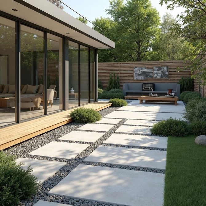 Outdoor patio with large stone pavers, landscaping, and a modern home with floor-to-ceiling windows.