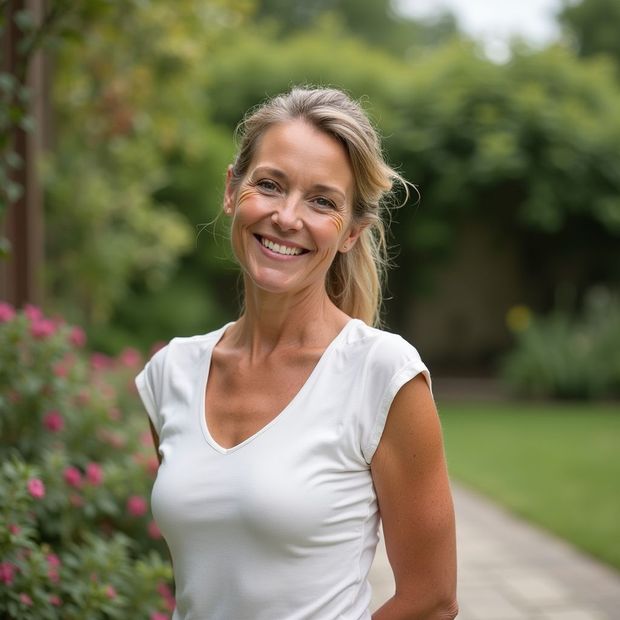 Woman with blonde hair smiling outdoors, wearing a white top, with flowers and greenery in the background.