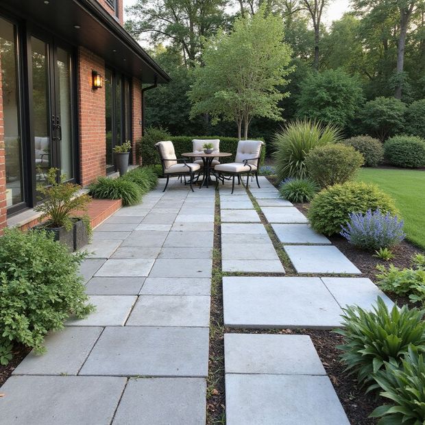 Stone patio with table and chairs, bordered by green shrubs and lawn.