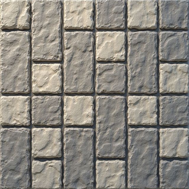 Stone pavers in a pattern of alternating gray and tan blocks.