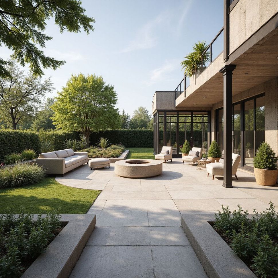 Patio with seating areas, fire pit, and garden, adjacent to a modern house with balcony.