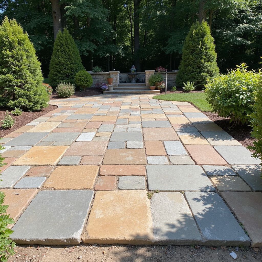 Stone path in a garden, leading to steps and greenery; various colors of stone.