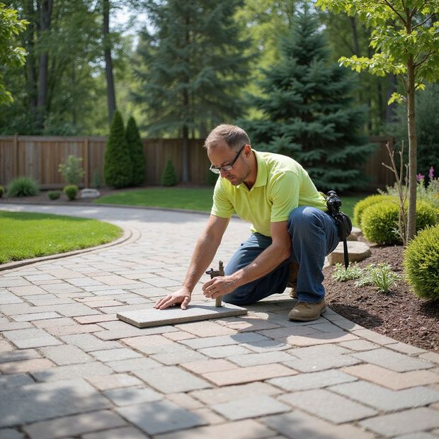 Man kneeling, installing sprinkler system on brick walkway, with garden background.