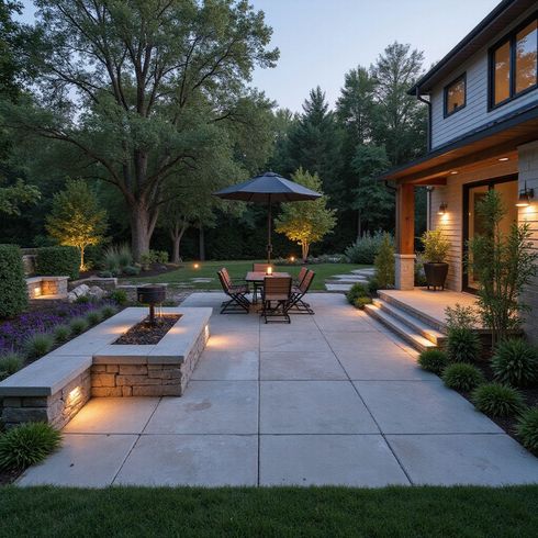 Backyard patio with outdoor dining, fire pit, and landscaping, illuminated at dusk.