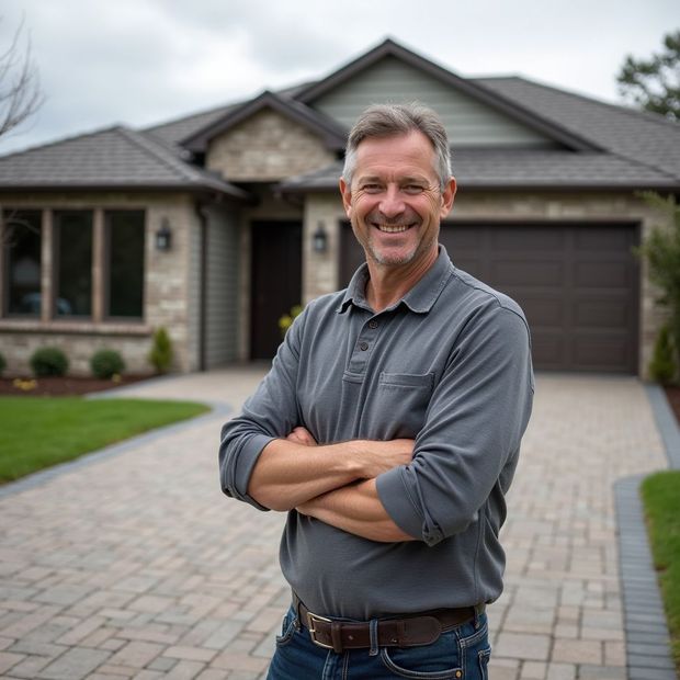 Man with arms crossed smiles in front of a house with a stone facade and brown garage door.