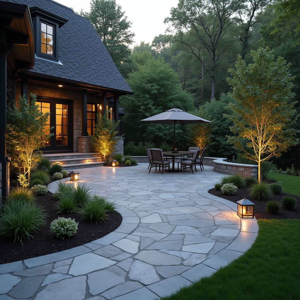 Stone patio with table and chairs, illuminated by lights, next to a house and garden.