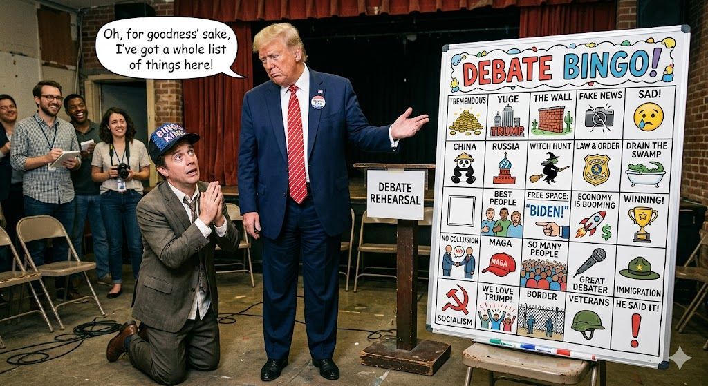 A person kneels before Donald Trump, who gestures to a 