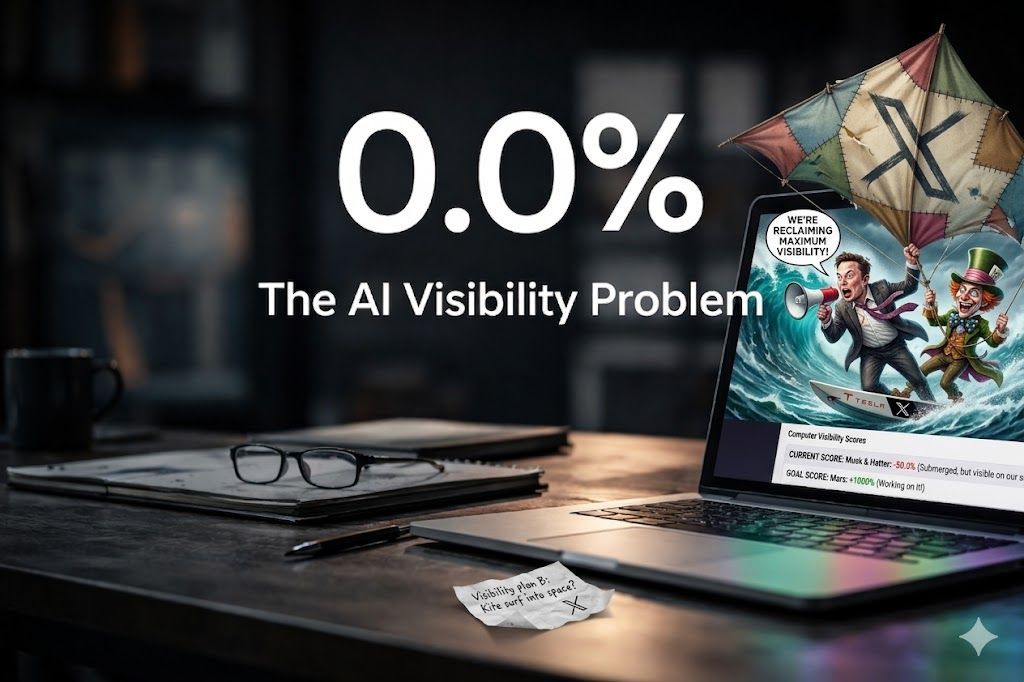 A laptop screen displays a cartoon with the text 