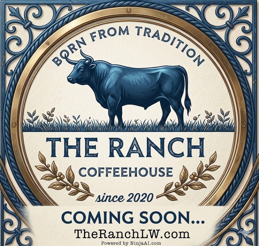 Logo for The Ranch Coffeehouse, featuring a blue bull illustration, text 
