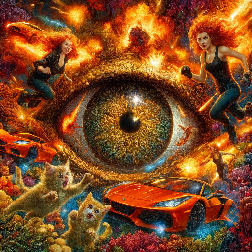 Eye surrounded by explosions, running women, cats, and cars. Vibrant colors: orange, red, and yellow.