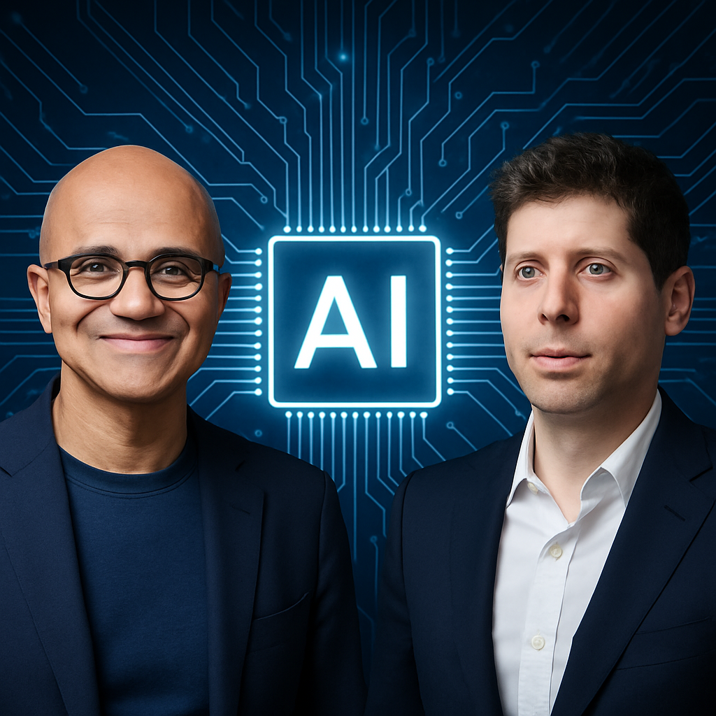 Satya Nadella and Sam   before a neon AI graphic on a circuit board background. 