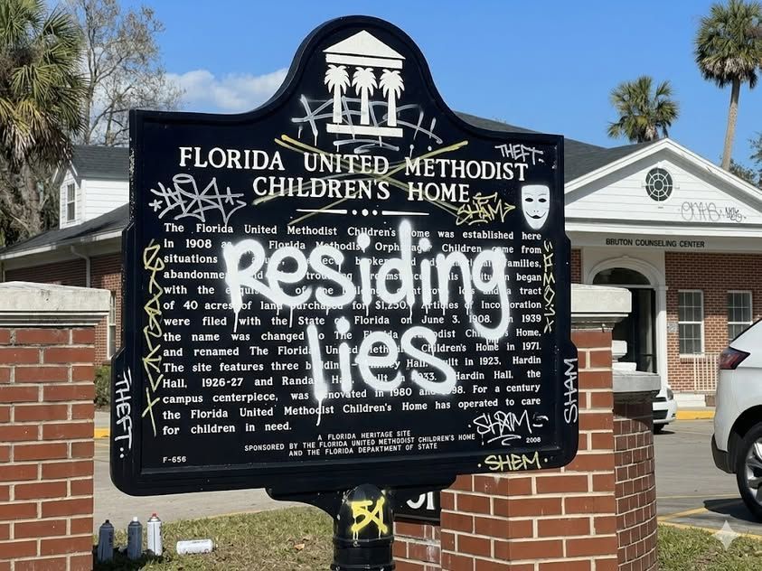 Historical marker for Florida United Methodist Children's Home vandalized with 