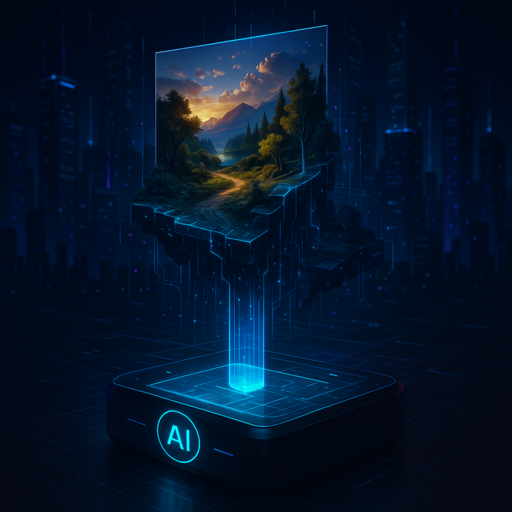AI device projecting a landscape painting, with a futuristic blue background.