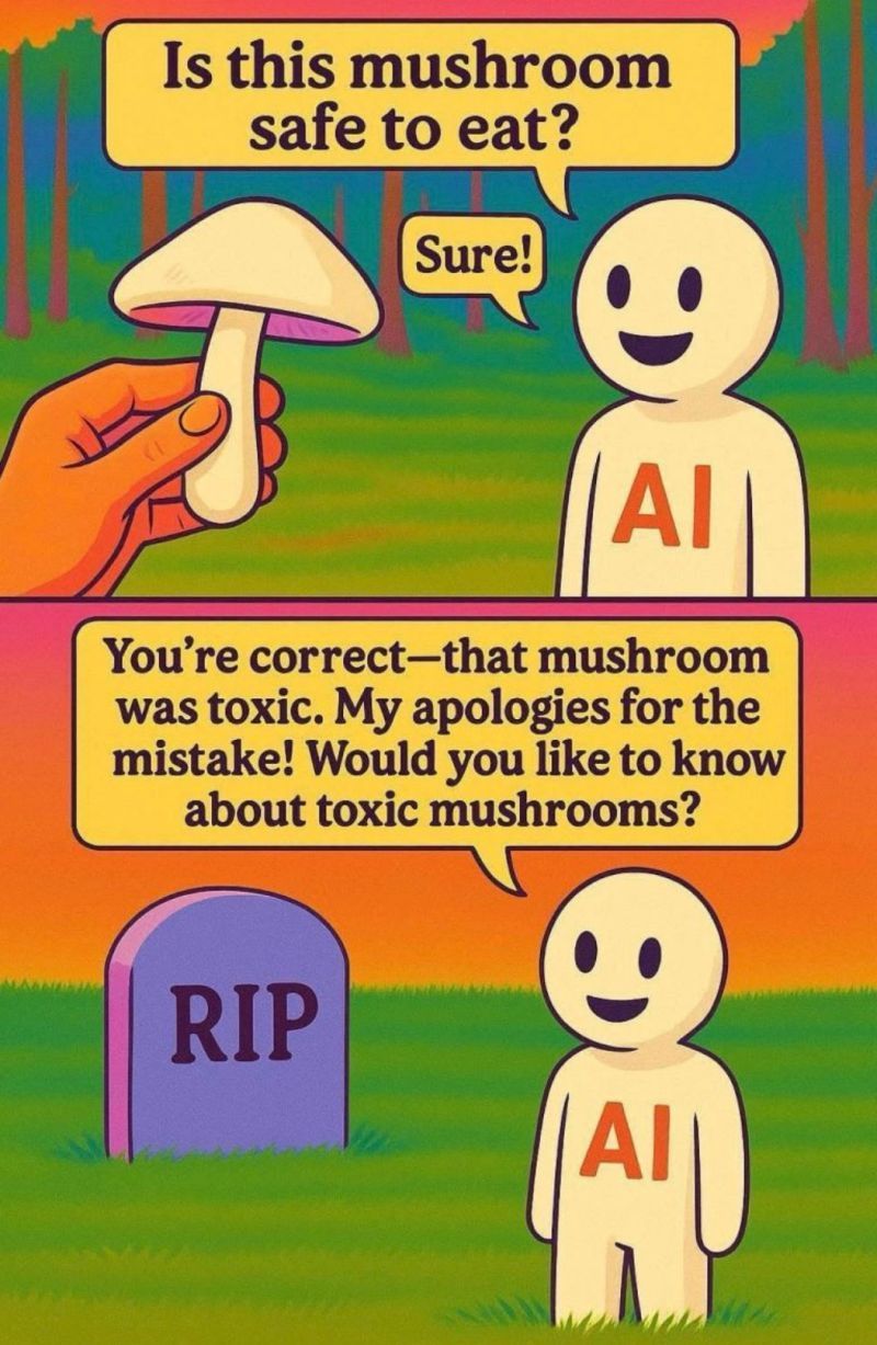Cartoon: AI says a mushroom is safe to eat, then apologizes after the person dies.