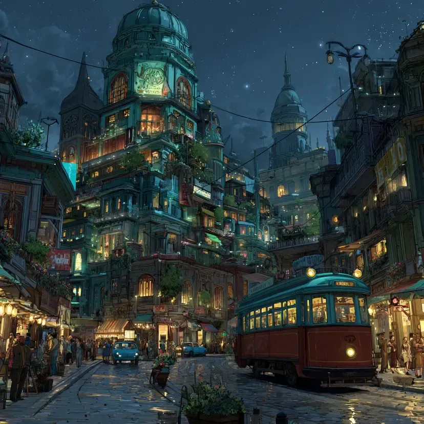 Night scene: lit city street, colorful buildings, trolley, pedestrians, glowing lights, stars.