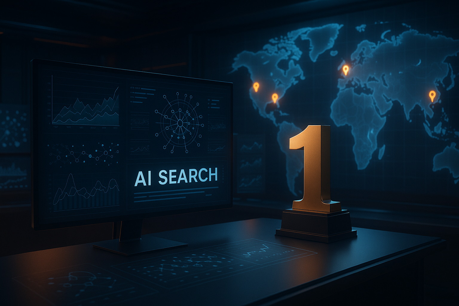 AI Search displayed on a monitor, with a large gold number one trophy and world map background.