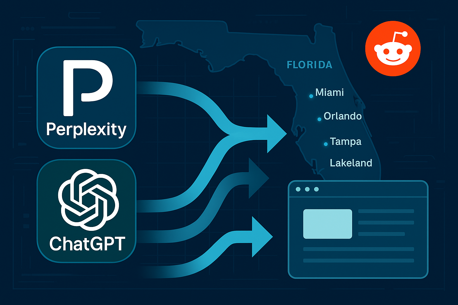 Diagram showing Perplexity and ChatGPT processing data from Florida and Reddit to generate a webpage.