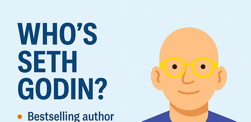 A poster with a bald man wearing glasses and the words who 's seth godin