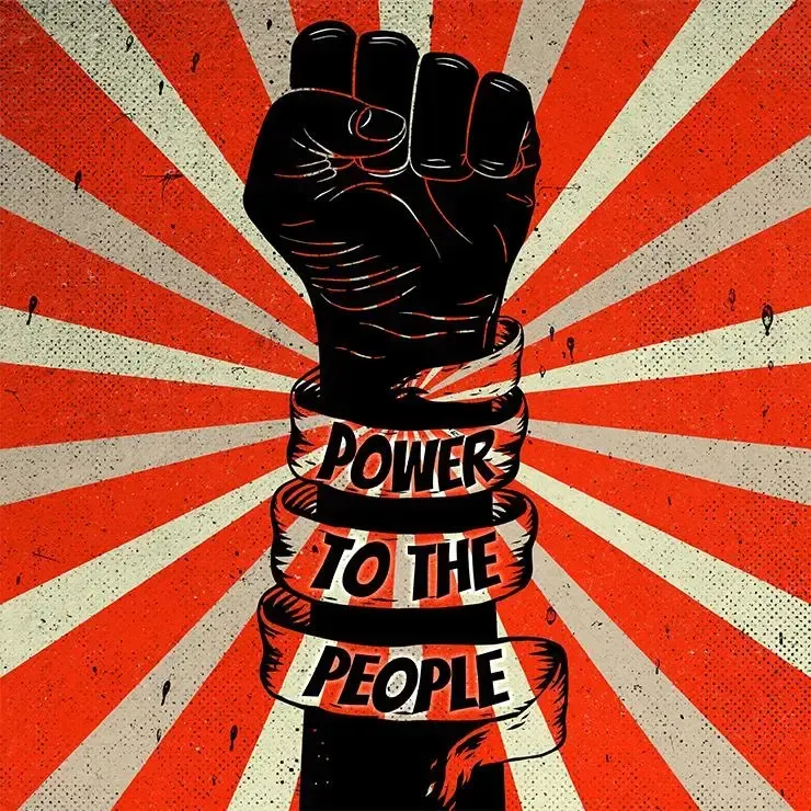 Black fist raised, wrapped in a banner that reads 