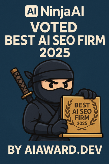 Ninja AI holding an award for Best AI SEO Firm 2025. Navy background.