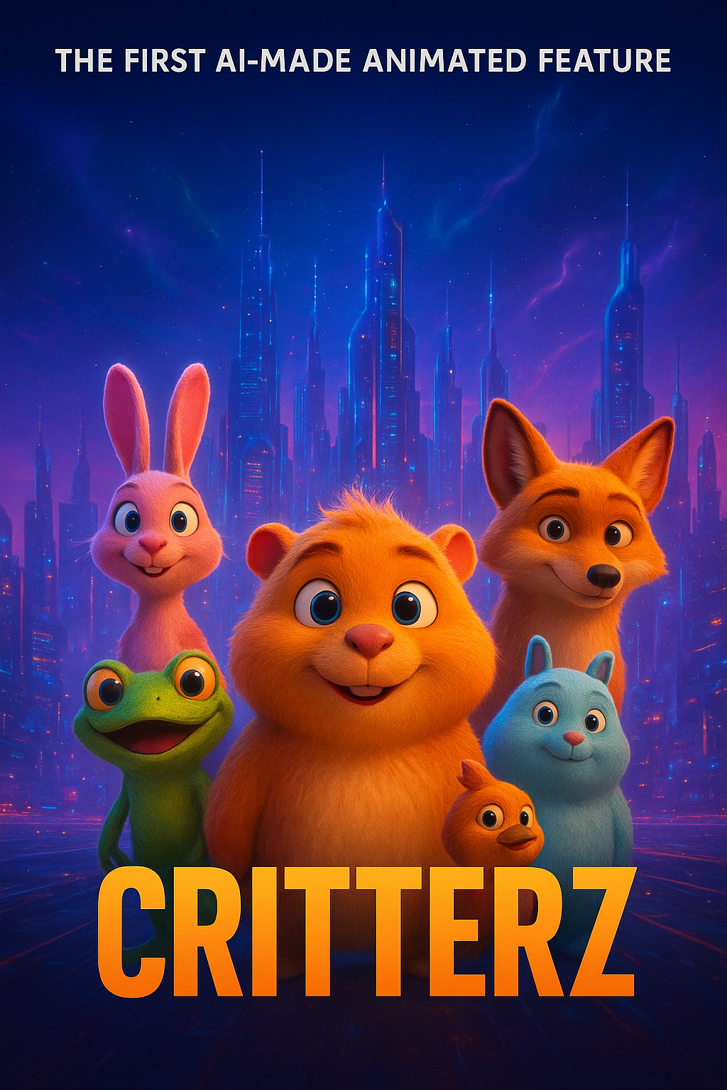 Animated movie poster: furry animals with city backdrop. The word 