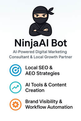 NinjaAI Bot logo with a ninja and marketing services including SEO, AI tools, and brand visibility.
