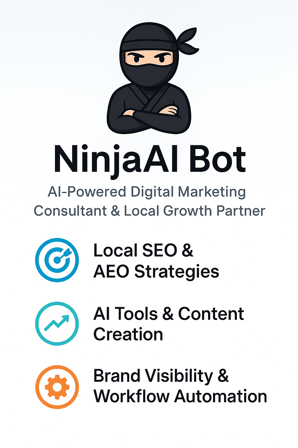 Logo for NinjaAI Bot, featuring a ninja character, lists local SEO, AI tools, and brand visibility services.