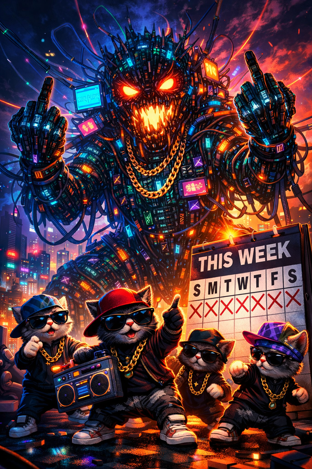 A robotic monster with gold chains and cats dressed as rappers are in a city at night.