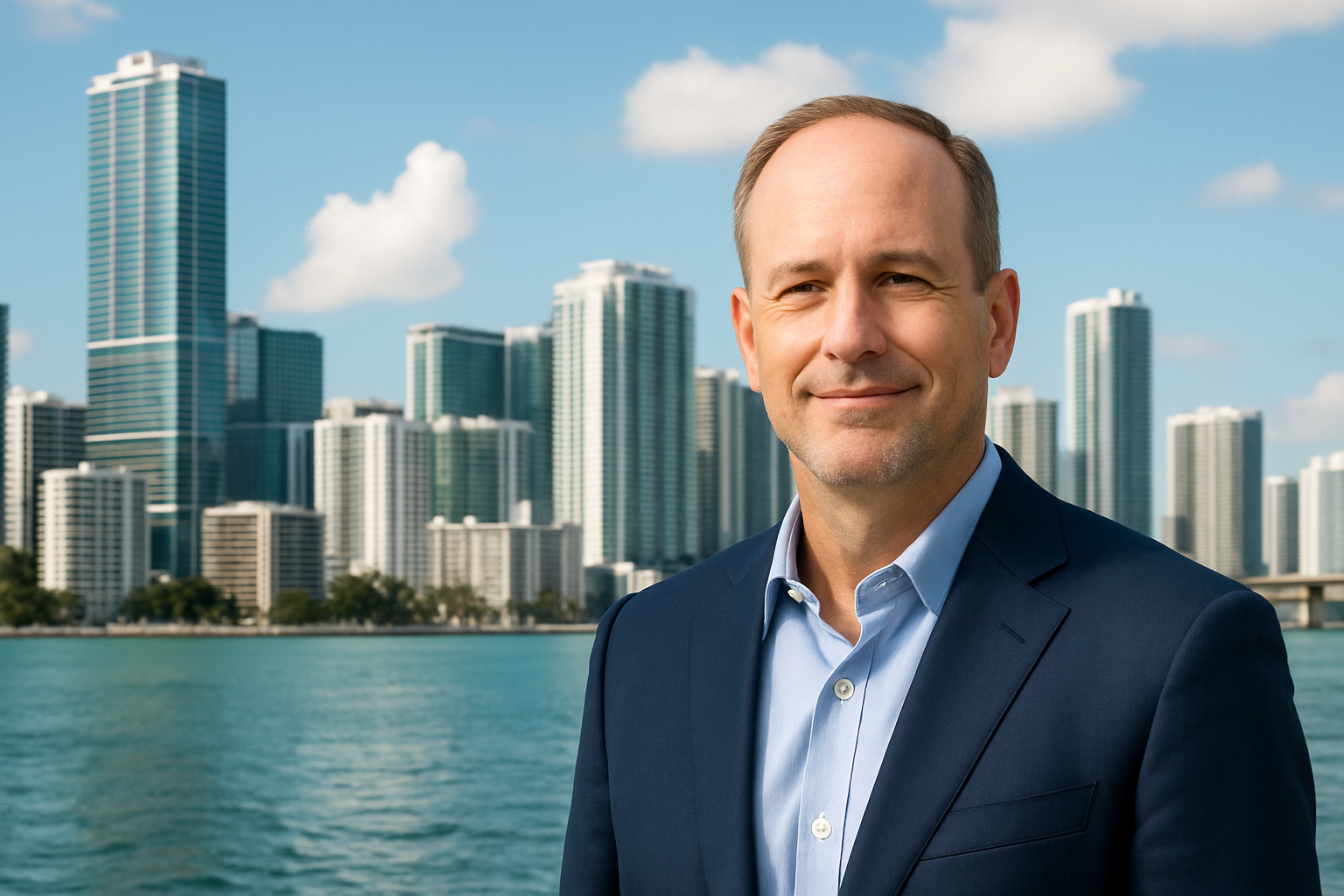 Man in a suit smiles in front of a city skyline and water. Blue jacket, light blue shirt.