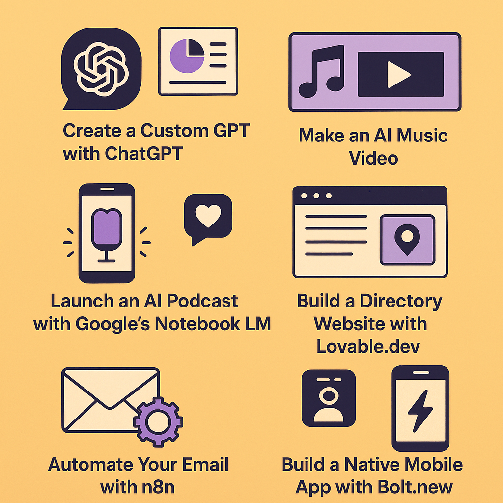 Infographic: Tools to create AI-powered content like music videos, podcasts, apps, and email automation, using various platforms.