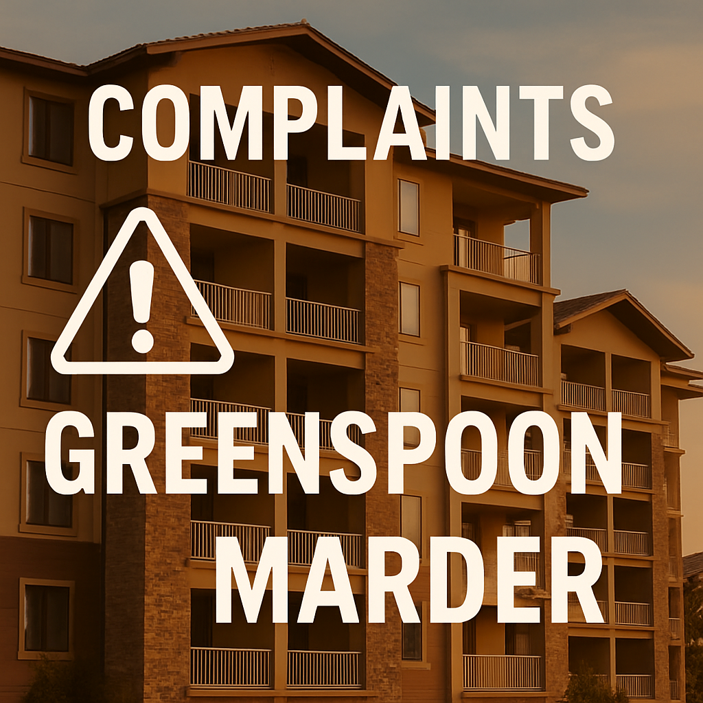 A sign that says complaints greenspoon marder on it