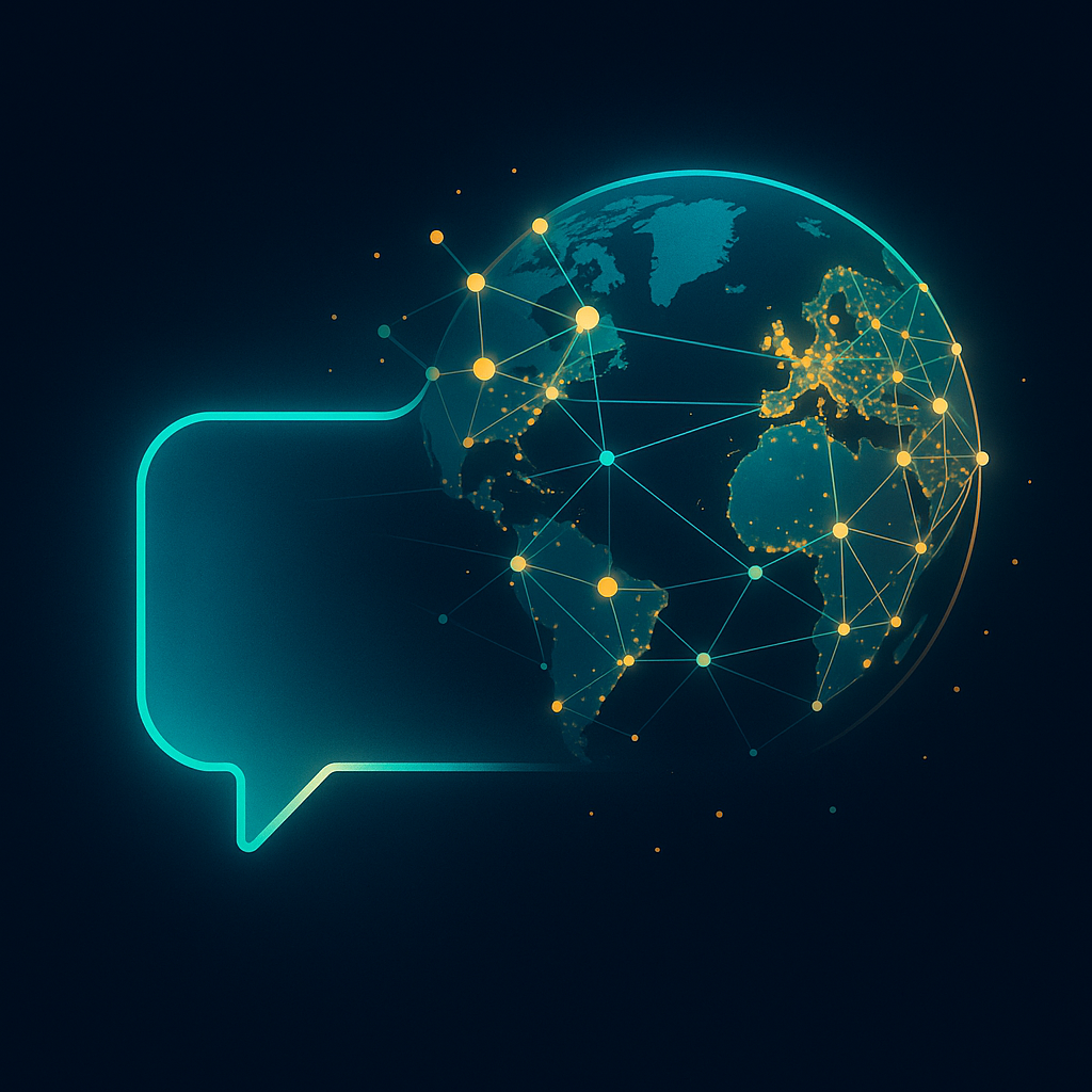 Globe inside a speech bubble, connected by lines and dots, glowing teal and gold.