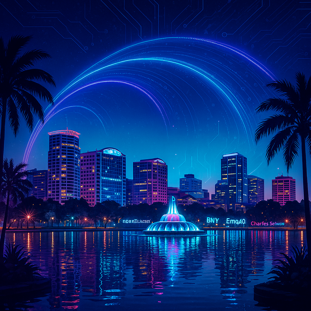 Neon-lit cityscape reflecting on water under a night sky with glowing arcs. Palms frame the view.