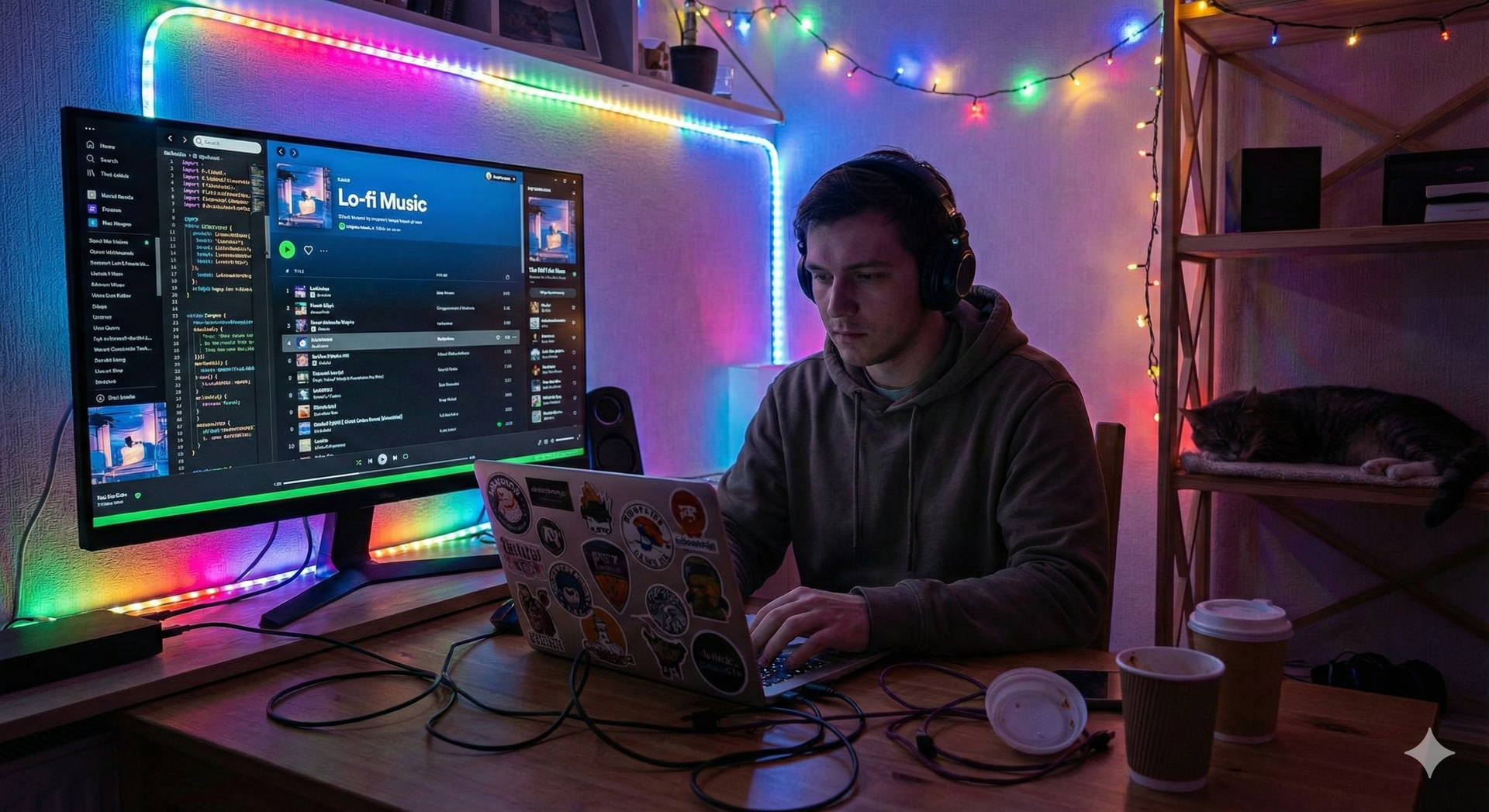 Person in a room with a laptop and large monitor, using headphones, lit by colorful LED lights. A cat rests on a shelf.