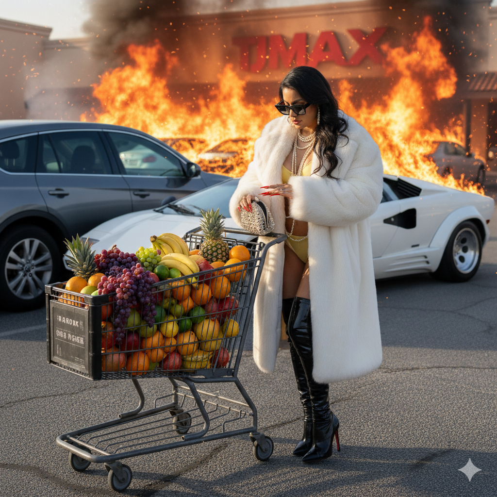 Woman in fur coat by shopping cart filled with fruit, cars burning in parking lot near T.J. Maxx.