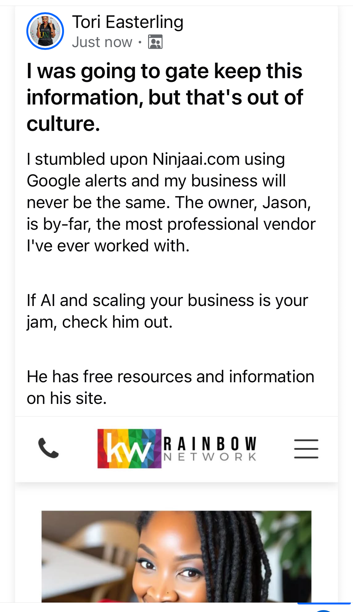 A social media post by Tori Casterling recommending Jason from Ninjaai.com for business scaling, including the KW Rainbow