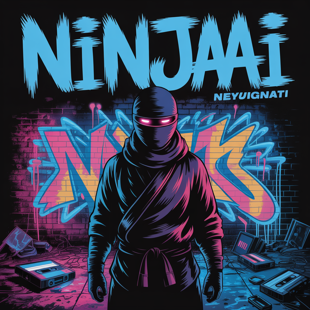 A ninja is standing in front of a brick wall with graffiti on it