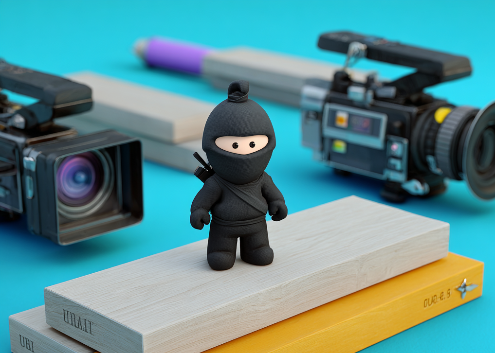 A ninja figurine is standing on a whetstone next to a camera