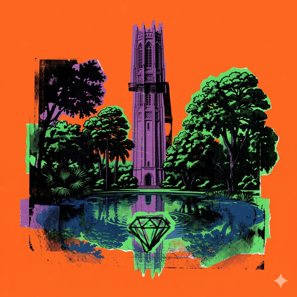 A purple gothic tower and lush trees reflect in a pool featuring a diamond icon, set against a vibrant orange background.