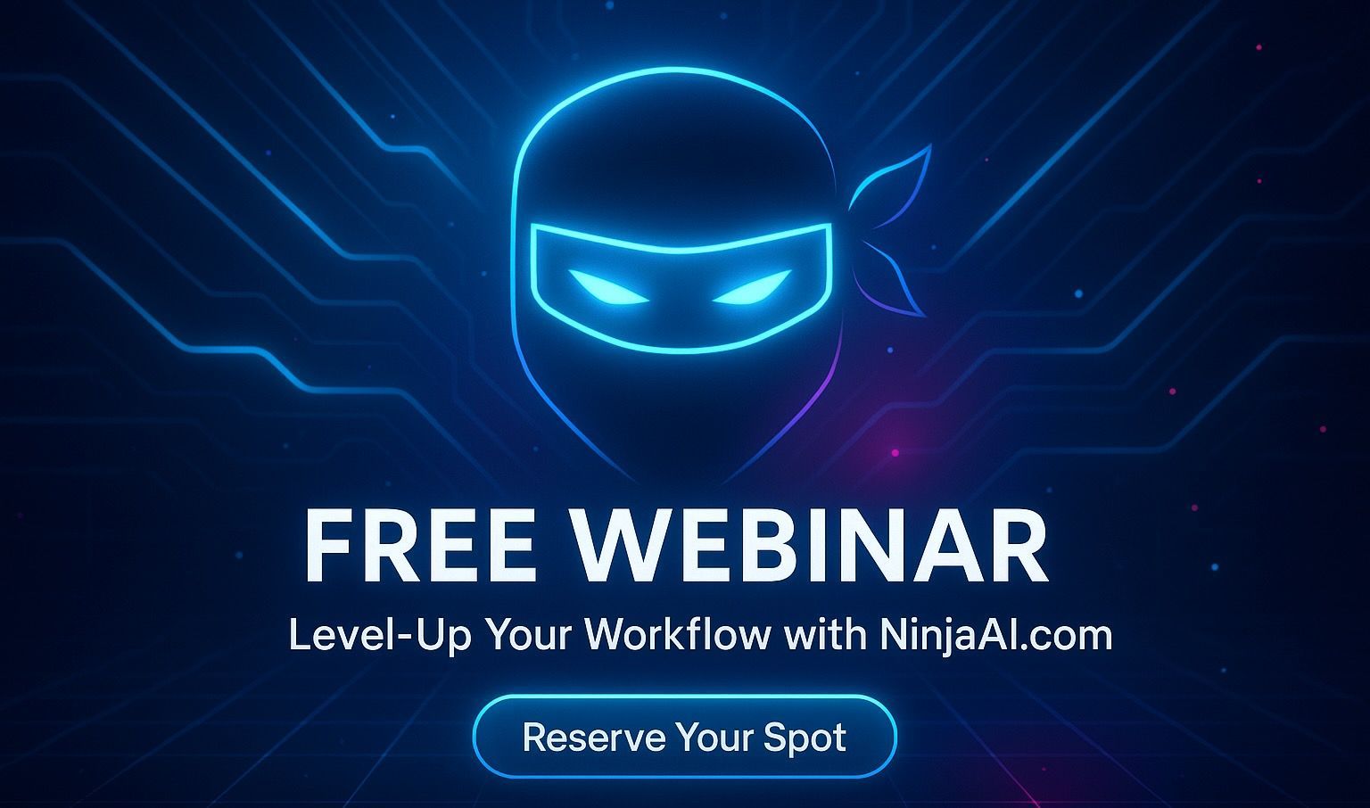Webinar promotion with a glowing ninja logo on a blue tech background. Text promotes