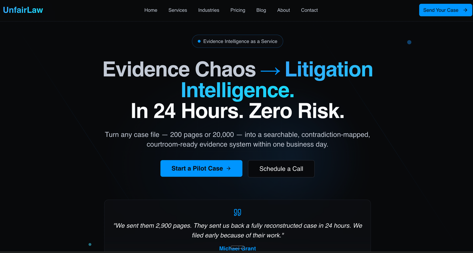Website landing page with dark blue background and text promoting