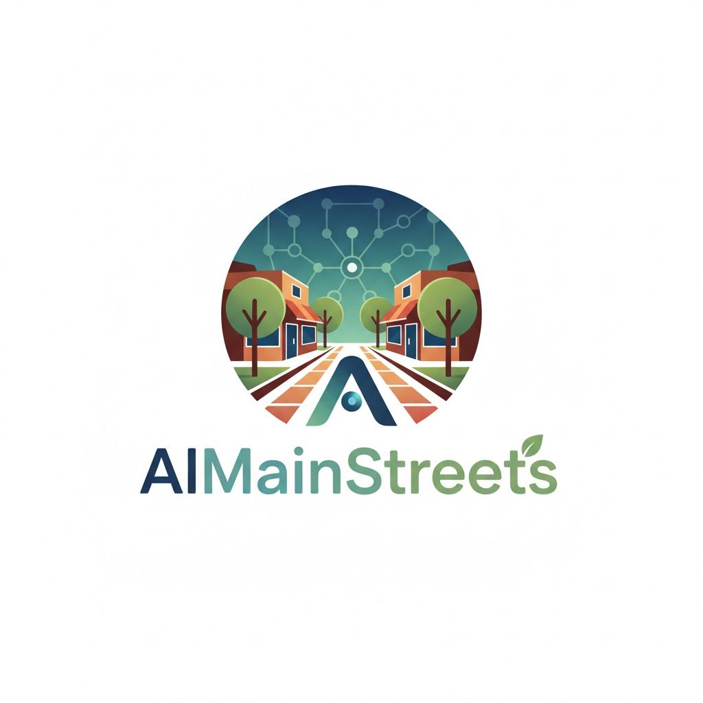 Logo: Circle with street scene. Houses, trees, and connected dots.