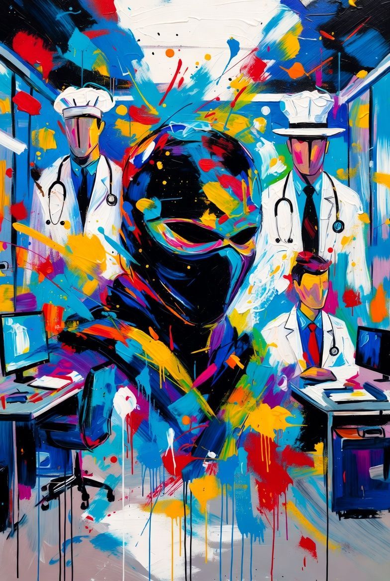 Abstract art: Ninja and doctors in colorful medical office setting.