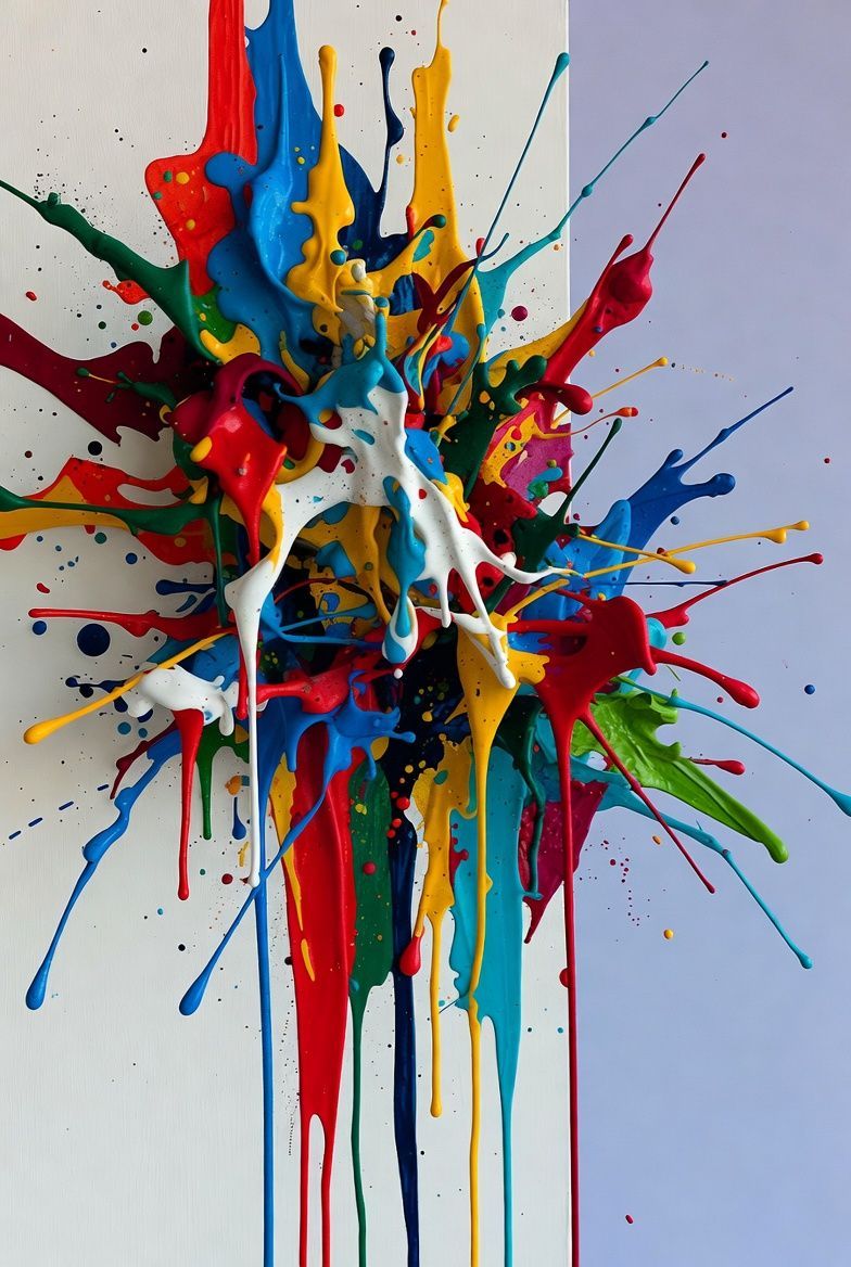 Colorful paint splatters on a white wall, dripping down, creating a burst effect.