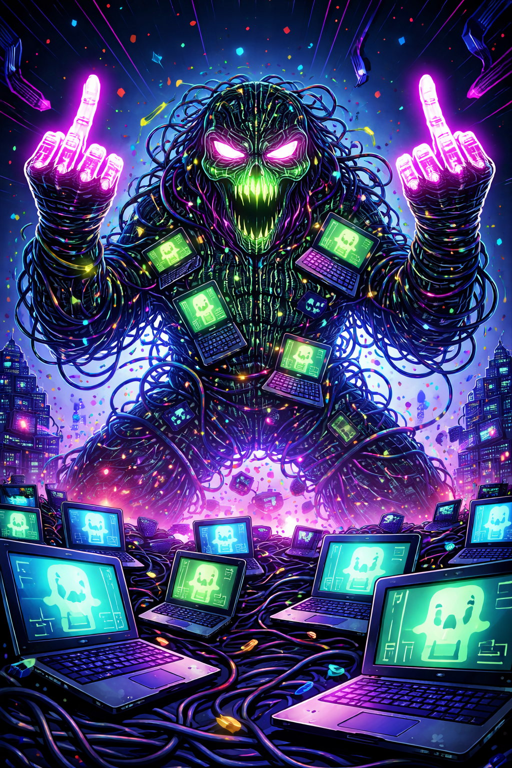 Cybernetic monster flips off viewer, surrounded by glowing laptops and wires in a neon city.